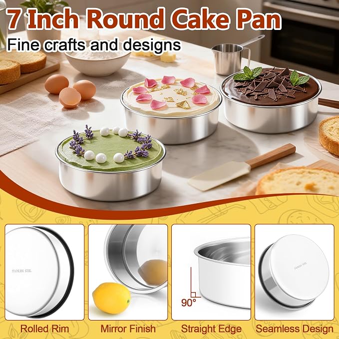 P&P CHEF 7 Inch Cake Pan Set of 3, Stainless Steel Round Cake Baking Pan | Layer Cake Tin Bakeware for Cooking Steaming, Ideal for Birthday Wedding Anniversary, Fit for Home & Commercial Use