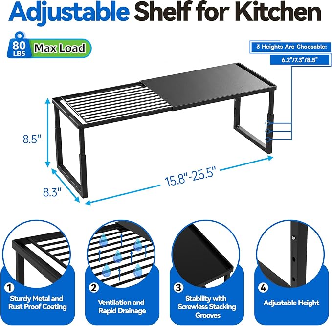 2 Packs Expandable Cabinet Shelf Organizer, Stackable Countertop Shelves | 15.8''- 25.5'' In Cabinet Shelf, Adjustable Kitchen Cabinet Organizer for Pantry Organizer, CupBoard Organizers and Storage