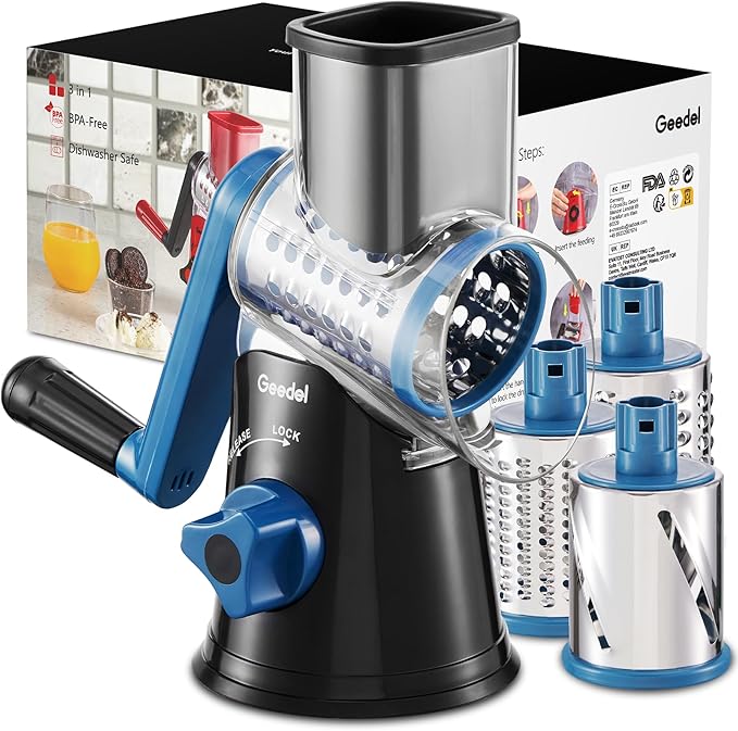 Geedel Rotary Cheese Grater, Kitchen Mandoline Vegetable Slicer with 3 Interchangeable Blades, Easy to Clean Rotary Grater Slicer for Fruit, Vegetables, Nuts | 3 Blades, 430 Stainless Steel, 12x Fast Cutting, Strong Suction Base, No BPA, Dishwasher Saf...