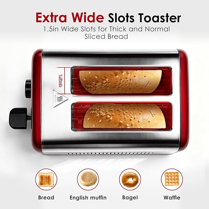 Toaster 2 Slice, Stainless Steel, 6 Shade Settings, 1.5" Extra Wide Slots | NEXFIT Retro Toaster with Bagel, Defrost, Reheat & Cancel Functions, 900W, Removable Crumb Tray, High Lift, Cord Wrap, Red