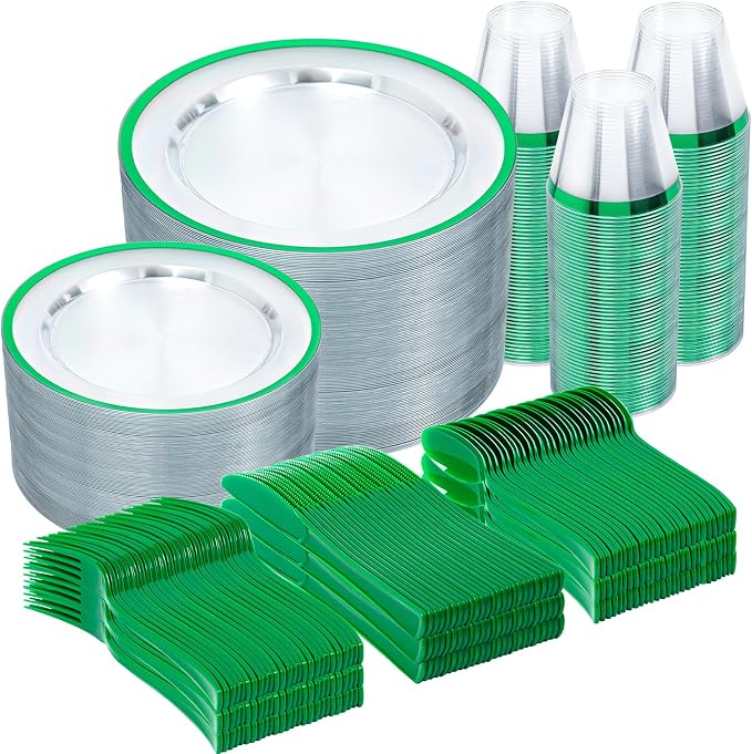 600PCS Clear Green Plastic Plates, Disposable Dinnerware Set for Party | 100 Guest, 100 Dinner & Dessert Plates, Forks, Spoons, Knives, Cups, , for Wedding, Bridal Shower, Christmas