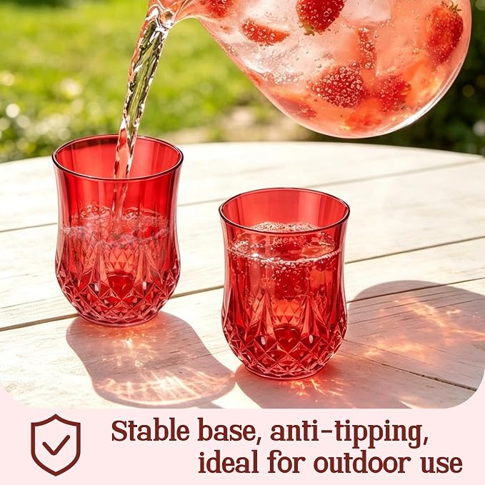 24 Pack 12 Oz Plastic Stemless Wine Glasses, Red | Unbreakable, Reusable, Elegant Vintage Design, Fancy Cocktail Cups, Whiskey, Champagne, Wedding, Party, Bars, Holiday Events