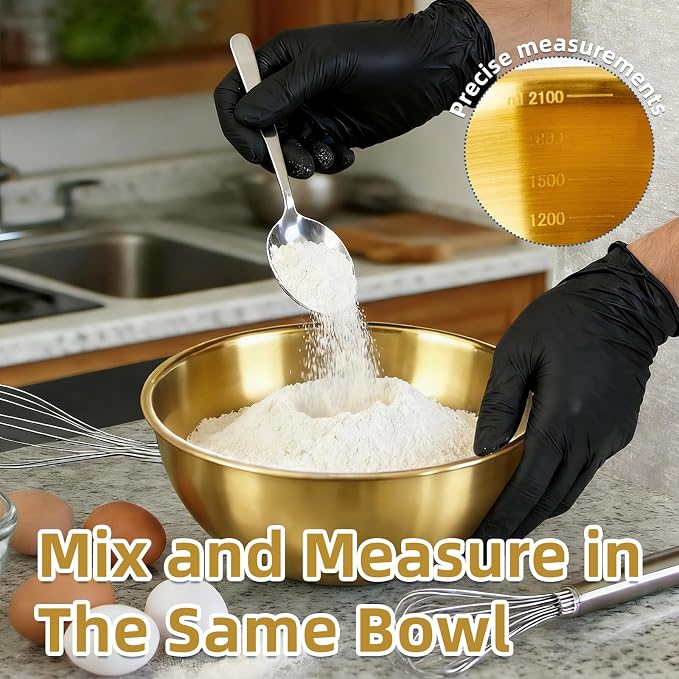 3-Piece Stainless Steel Golden Mixing Bowls (6.3") Metal Bowl with Measurement Marks, Dishwasher Safe & Stackable - Perfect for Baking, Salad Making, Meal Prep