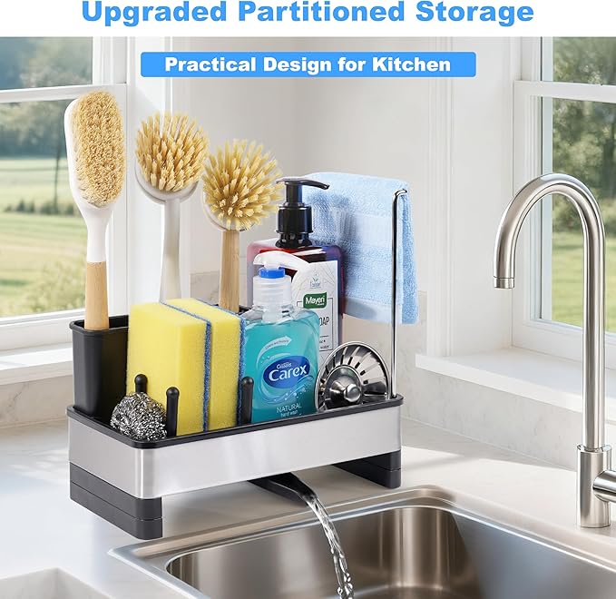 Sponge Holder for Kitchen Sink Caddy Organizer, Dish Brush Holder | Stainless Steel Sponge Caddy for Kitchen Countertop Organizer, Rustproof Dish Soap and Sponge Rack with Dishcloth Drying Rack