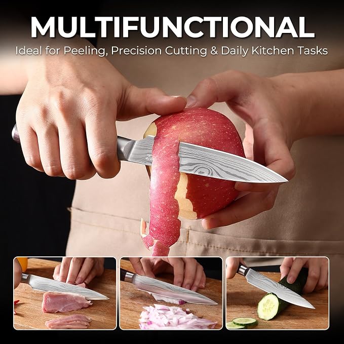 DiiHAUZZ Kitchen Utility Knife, 5 Inch Paring Knife, High Carbon Steel | Ultra Sharp Edge, Ergonomic Pakkawood Handle, Non Slip, Light Weight, Crack Resistant, Snap Resistant, Sheath, Gift Box