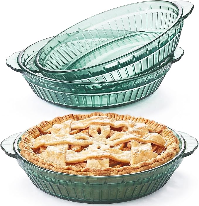 2 Pack Green Glass Pie Dish, 8 Inch Round Deep Plate, Tempered Glass Baking Dish, Non Toxic, Oven and Dishwasher Safe, Ideal for Baking Pies, Quiche and Desserts