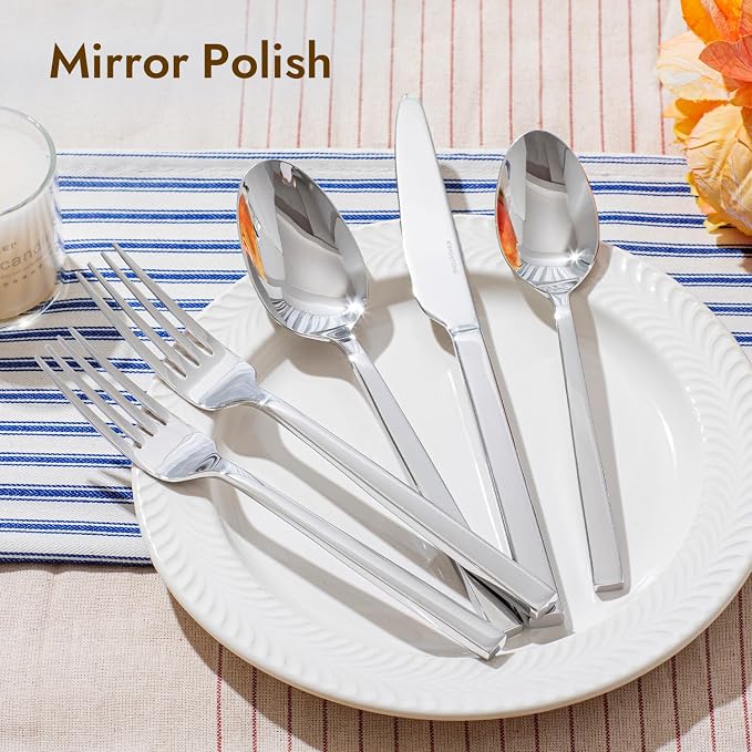 Silverware Set for 6, 30 Piece Flatware Set, Stainless Steel | Square Handles, Mirror Polished, Dishwasher Safe, Sturdy, for Home Kitchen, Weddings, Parties & Housewarming