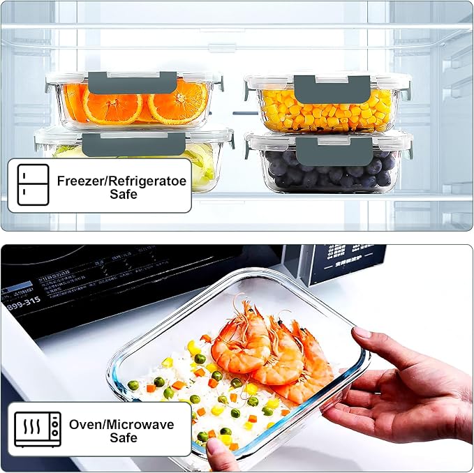VERONES 10 PACK Glass Meal Prep Containers Set with Lids, Grey | Airtight & Stackable Glass Food Storage Containers Set with Lids, for Microwave, Oven, Freezer & Dishwasher Friendly