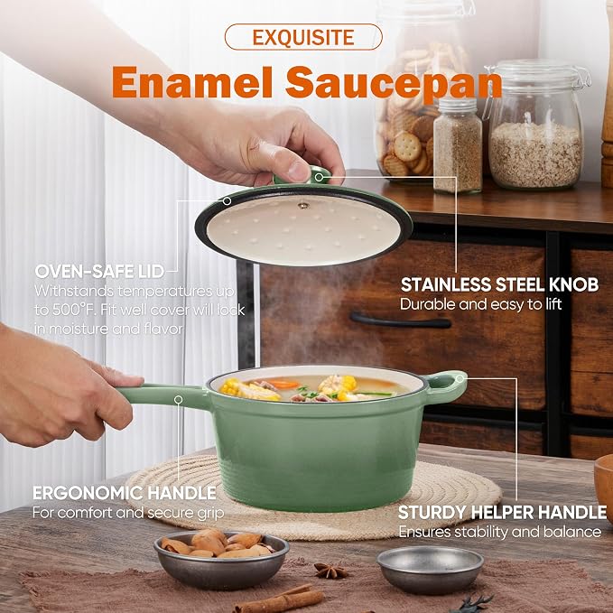 Homikit 1 QT & 2 QT Saucepan Set, Enameled Cast Iron Saucepan with Lid for All Cooktops, Small Pot Mini Dutch Oven for Kitchen Cooking, Boiling, Nonstick & Heavy Duty, Sage Green
