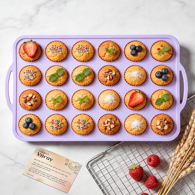 Mini Silicone Muffin Pan with Frame Non Stick Cupcake Tin Baking Mold | Silicone Cupcake Pan with Handles 24 Cup, BPA Free Silicon Muffin Tin Tray Small for Baking, Egg Bites, Cupcake Mold Purple
