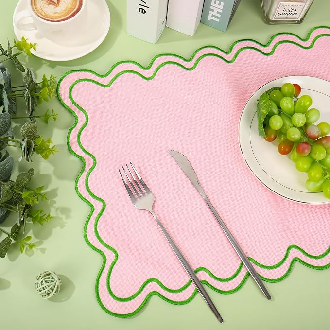 Whaline Pink Green Linen Placemats Embroidered Scalloped Kitchen Table Mats for Baby Shower Birthday Spring Party Home Dining Table Decor, Set of 6, 13 x 19 in