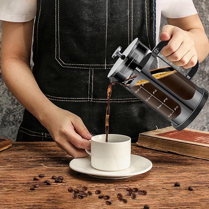 YMMIND French Press Coffee Maker (21oz 600ML 3-4Cup) Coffee Press, with 4 Filters System, Heat Resistant Thickness Borosilicate Glass, Cold Brew Coffee Tea Pot Gifts (Bright Black)