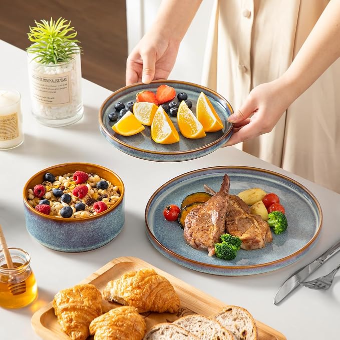 vancasso ONION Ceramic Plates and Bowls Sets, 24 Pieces Blue Dinnerware Sets for Kitchen, Reactive Glaze Dishes Set for 8, Dishwasher and Microwave Safe