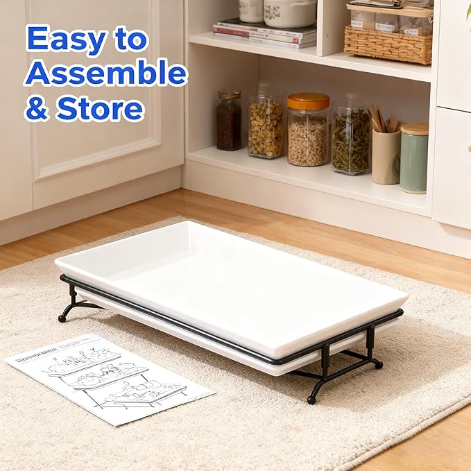 3 Tier Serving Tray, 12" White Plastic Tiered Food Serving Platters, Reusable Tray Stand Black Collapsible Metal Stand with Stable Cross Bars, Party Display Stands for Veggie Fruit, Dessert
