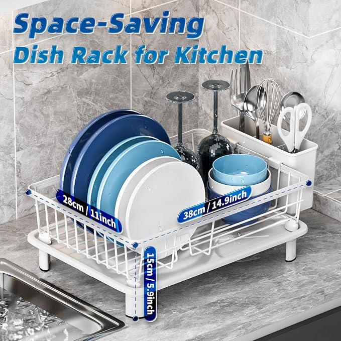 Dish Drying Rack, Stainless Steel-Dish Rack, (White-11 W x 15" L) | Dish Racks for Kitchen Counter, Kitchen Dish Drainers with Removable Utensil Holder,New drain outlet,
