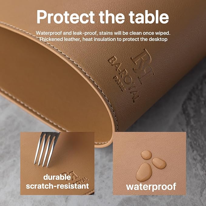 Baroyal Faux Leather Placemats Set of 6 Vinyl Washable Wipeable Table Mats for Kitchen Dining Table Heat Resistant Waterproof Indoor/Outdoor Placemats Non-Slip Easy Clean Place Mats (British Khaki)