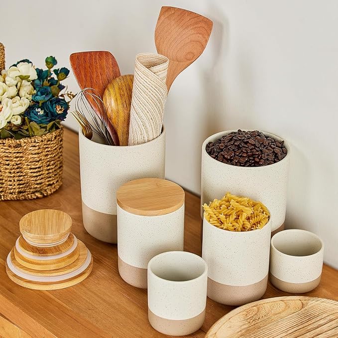 Kitchen Canister for Counter, Ceramic Food Storage Containers with Lids | 80 OZ Ceramic Food Storage Jars with Airtight Wood Lidsc,Countertop & Pantry Organization for Flour, Sugar, Coffee, Tea
