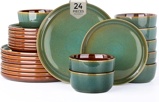 GBHOME Dinnerware Sets for 8, 24 Pieces Ceramic Plates and Bowls Set | Scratch Resistant Stoneware Dishes Set, Dishwasher & Microwave Safe, Reactive Glaze-Brown Green