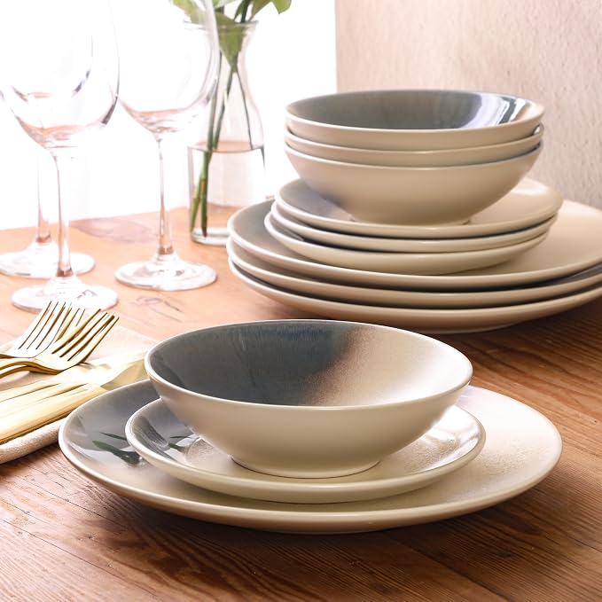 Gibson Elite Crescenton Plates and Bowls Sets, 12-Piece Blue Stoneware Dinnerware Sets, Round Reactive Glaze Dish Set