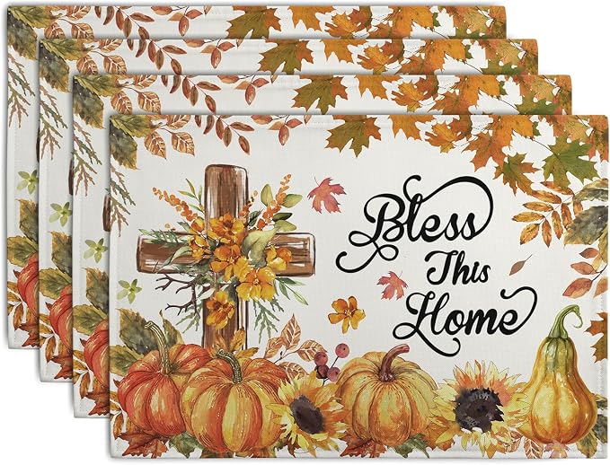 Fall Cross Pumpkin Placemats Set of 4 Autumn Thanksgiving Harvest Sunflower Maple Leaf Orange Linen Table Mats Seasonal Farmhouse Decorative Place Mat for Party Kitchen Dining Decor