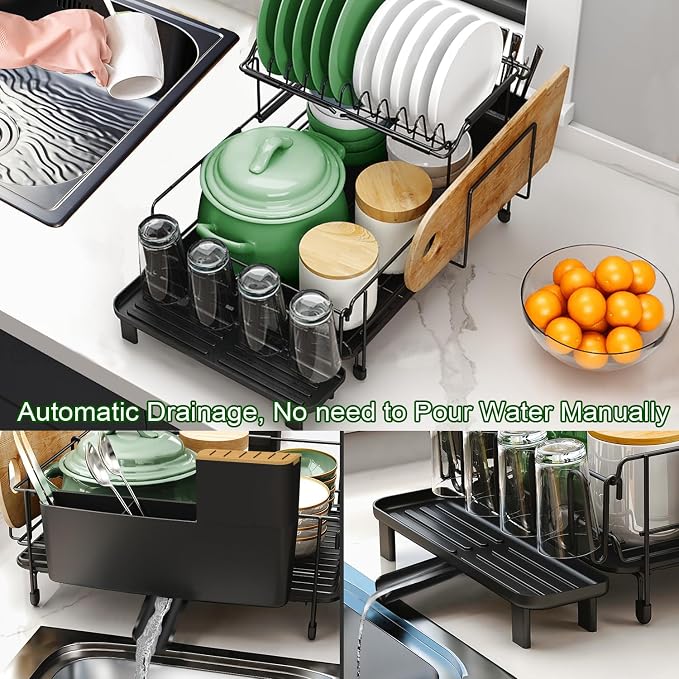 Runnatal Large Dish Drying Rack with Drainboard Set, Stainless Steel Detachable 2-in-1 Large-Capacity 2-Tier Over The Sink Anti-Rust Dish Rack and Dish Drainer for Kitchen Counter | 2 Tier Extendable Stainless Steel Dish Rack Used in Sink & Kitchen Cou...
