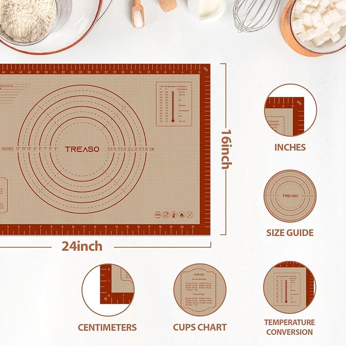 Silicone Pastry Mat, 16" x 24" Silicone Baking Mat | Reusable Non-Stick Extra Large Dough Mat with Measurement for Pie Crust, Pizza and Cookies, Counter Rolling Dough