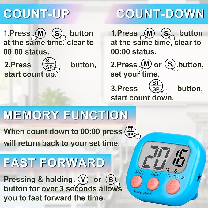 ZILLEEN Classroom Timer for Kids Teachers 6 Pack Digital Timers Blue White | Strong Magnetic, Large Screen, Big Button, Teacher Classroom Must Haves Kitchen Timers for Cooking Egg Exercise Study