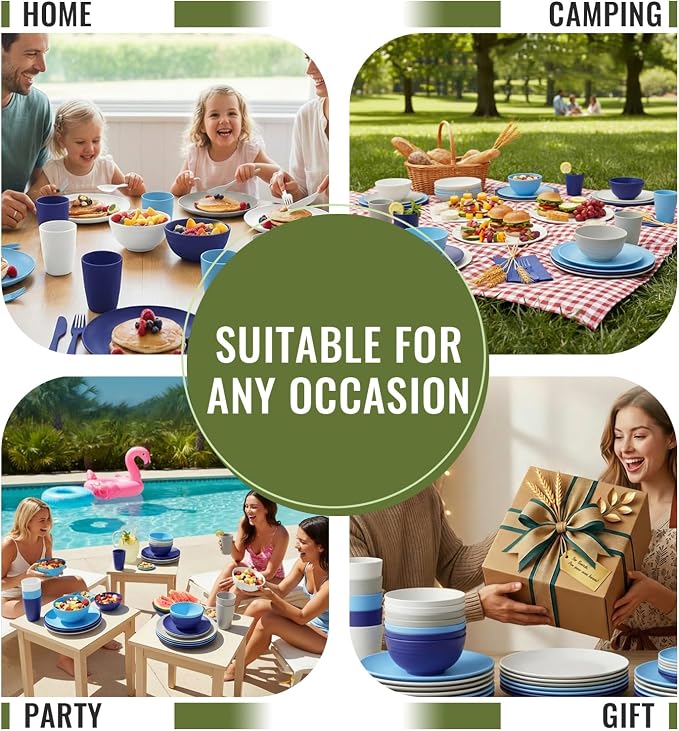 Dinnerware Set 40 PCS Wheat Straw Dishes Set - Service for 8 Unbreakable Plastic Dish Set Microwave Safe Plates and Bowls Sets Lightweight Cups Sets Outdoor Dishes - Island Colors
