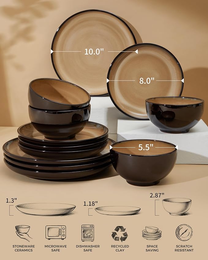 Santorini Mist Terracotta Reactive Glaze Plates and Bowls Sets, Stoneware Dinnerware Sets, Microwave and Dishwasher Safe Ceramic Dish Set Service for 4, Mocha Brown