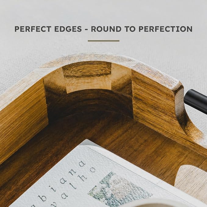 Upper Acacia Wood Ottoman Tray 17x13 Inches with Handles, Decorative Serving Tray for Coffee Table, Breakfast Tray with Anti-Skid Pads (Black Handle 01)