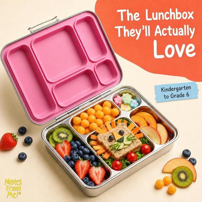 Stainless Steel Bento Lunch Box for Kids – 5 Leakproof Compartments, Food-Grade 304 Steel, Plastic-Free BPA-Free Kids Bento Box for School, Daycare & Travel - Pink