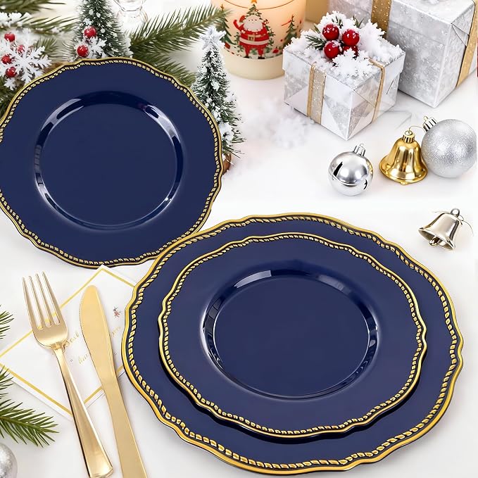 175 Pcs Blue Gold Plastic Plates Wedding & Party | Gold Plastic Dinnerware Set Includes 25 Dinner Plates, 25 Dessert Dinnerware, 25 Cups, 25 Napkins Perfect
