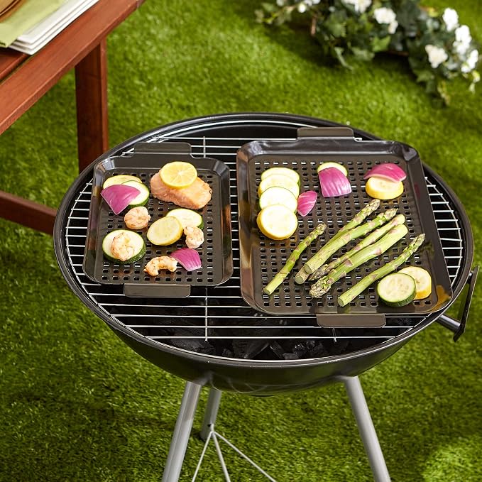RSVP International Porcelain Coated Steel BBQ Grill Tray/Pan, Outdoor Barbeque Grilling Accessories for Cooking Fish & Vegetables, Dishwasher Safe, Small, 13x7.25/Medium, 16.75x10"