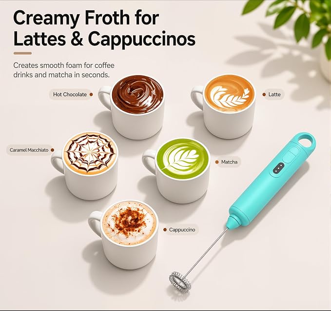 Rechargeable Milk Frother Handheld 3 Speed Coffee Foamer [3 Whisk] Electric Drink Mixer for Latte, Cappuccino, Coffee, Eggs, Hot Chocolate, Mint