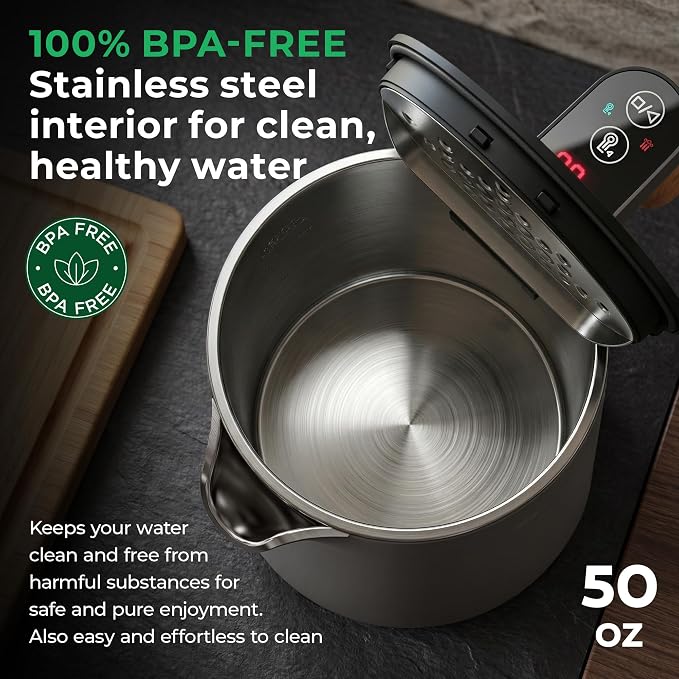 BALTER Electric Kettle with Temperature control, 113 °F – 212 °F, Tea pot, Stainless steel, double wall water kettle, BPA-free, quiet tea kettle, 1.5 L, 2200 W, Blue Gray