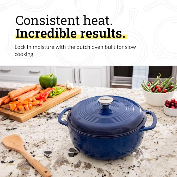 Lodge Essential Enamel Cast Iron Dutch Oven 6 Quarts - Perfect for Bread Baking, Braising, Marinating & Slow Cooking, Features Moisture-Sealing Lid & Dual Handles, Kitchen Essentials, Indigo