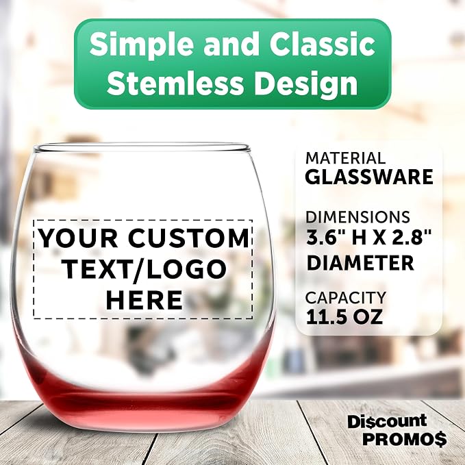 Custom Mikonos Stemless Wine Glasses 11.5 oz. Set of 10/50/100, Personalized Bulk Pack - Restaurant Glassware, Perfect for Red Wine, White Wine, Cocktails - Red