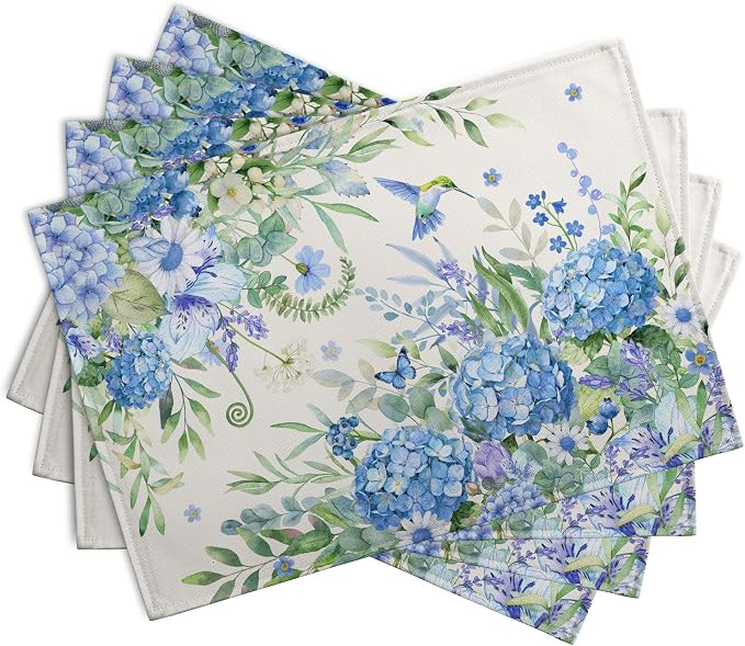 Blue Hydrangea Placemats Set of 4 Spring Summer Floral Green Leaf Bird Table Mat 12x18 Inch Rustic Daisy Flowers Hummingbird Place Mats for Party Kitchen Dining Outdoor Indoor Decor