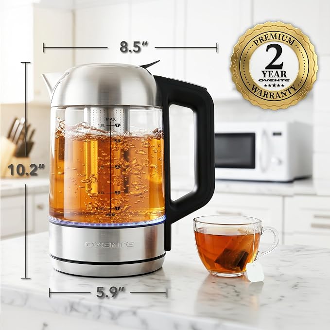 OVENTE 1.8L Glass Electric Kettle with Tea Infuser, Silver KGD752S | 1500W Fast Boiling, Easy Fill Lid, 7 Temperature Control, Keep Warm, Digital Display, Auto Shut-Off, Boil-Dry Protection