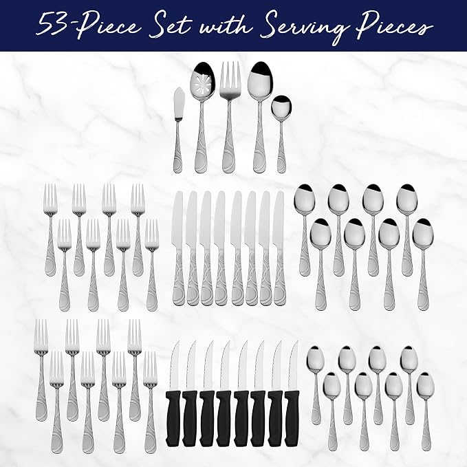 Pfaltzgraff Frost 53-Piece Flatware Set, 18/0 Stainless Steel Silverware Set for 8 with Steak Knives, Serving Pieces, Dishwasher Safe