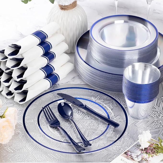 350 Pcs Clear Blue Plastic Plates Disposable for Party 50 Guests | Party Supplies Includes 100 Plates, 50 Pre Rolled Napkins with Cutlery Set, 50 Cups, for Graduation, Birthday, Christmas