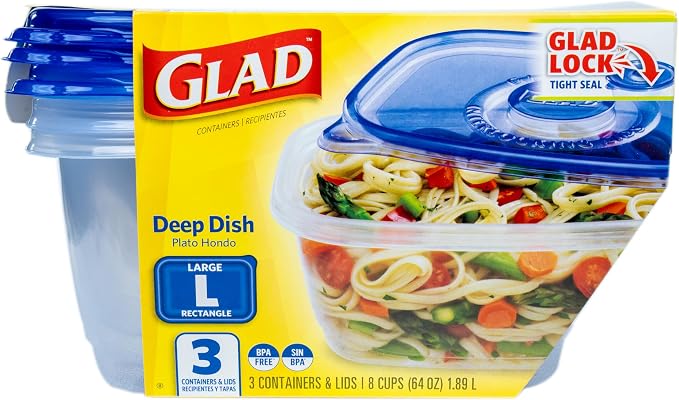 Glad GladWare Deep Dish Food Storage Containers, 64 Oz, 3 Count, 6-Pack | Lock-tight seal for soups, salads, and meal prep in a large rectangle format; microwave and dishwasher safe
