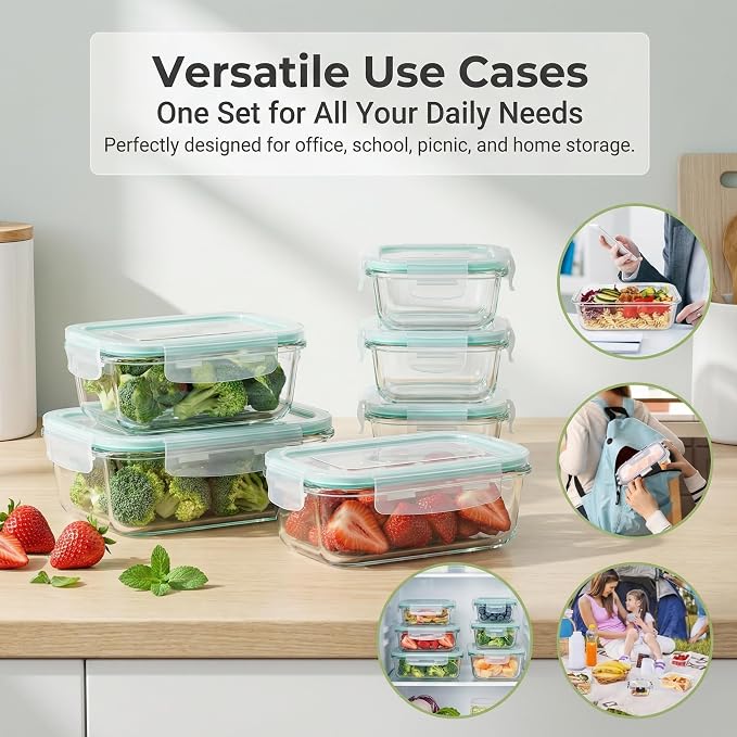 8 Pack Food Storage Containers with Lids,Glass Meal Prep Containers,Oven Safe