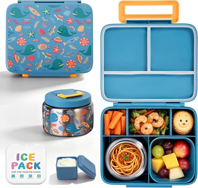 Kids Bento Lunch Box with 8oz Thermo, Ice Pack & Dividers for School | Food Container 5 Compartments,Insulated Food Jar,Keep Warm&Cold,Removable Dividers,Leak-Resistant,BPA-Free,Easy to Clean