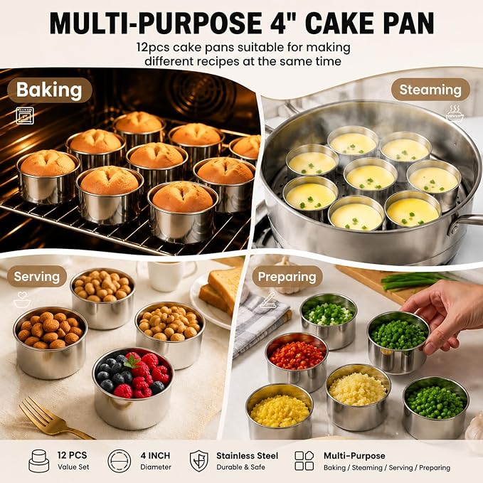 TeamFar 4 Inch Cake Pan, 12 Pcs Stainless Steel Round Baking Cake Pans Set | Layer Cake Baking Pans Set for Baking Steaming Serving, Healthy & Sturdy, Mirror Finish & Dishwasher Safe