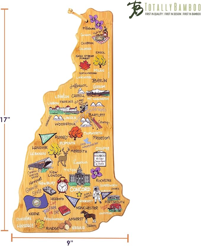 Totally Bamboo New Hampshire State Shaped Cutting Board, Art by Fish Kiss | State charcuterie board with colorful hand-drawn map artwork. Smooth reverse side for food prep. Hang tie for wall display.
