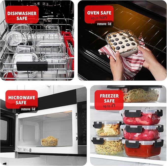 EATEX 32pc Glass Food Storage Containers with Lids, Airtight Glass Meal Prep Containers, 16 Reusable Food Storage Bins with 16 Leakproof Snap Lock Lids Oven Microwave Freezer Safe Lunch Containers