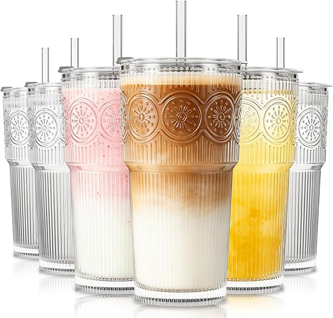 SoulTimes 20oz Ribbed & Floral Glass Tumbler with Lid and Straw – Iced Coffee Glasses Cups for Smoothie, Matcha, Juice, Water etc. Leakproof and Reusable Glassware Drinking for Travel To Go [6Pcs]