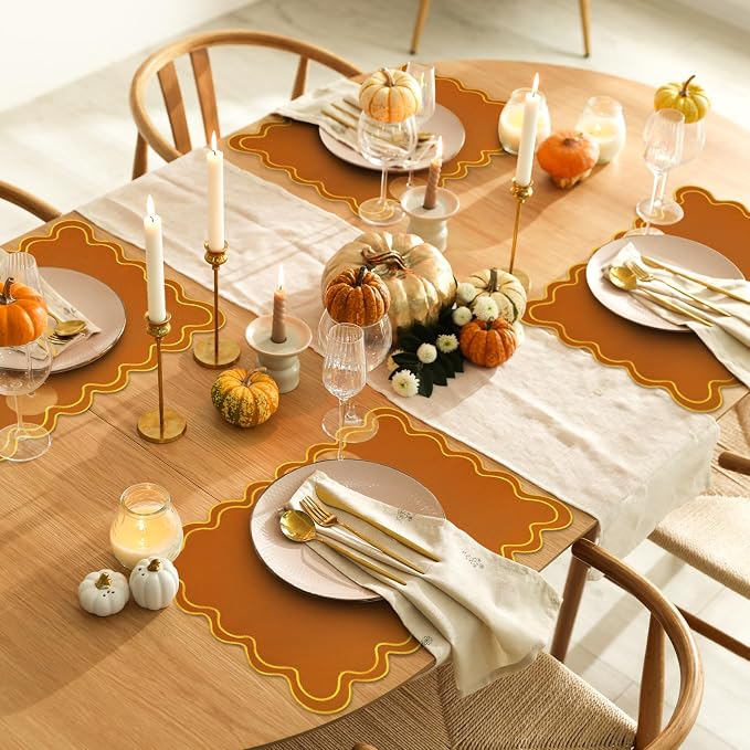 Whaline Orange Yellow Linen Placemats Embroidered Fall Scalloped Kitchen Place Mats for Autumn Birthday Party Home Dining Table Decor, Set of 6, 13 x 19 in