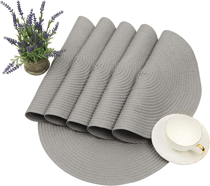 SHACOS Round Braided Placemats Set of 8 Washable Fabric Heat Resistant 15 inch Grey Round Table Mats for Dining Tables (Gray, 8)